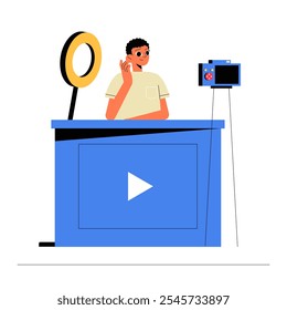 Host De Vídeo Masculino Acenando Da Configuração Da Mesa Em Ilustração De Vetor Plano Simbolizando Transmissão On-Line, Criação De Conteúdo De Vídeo E Envolvimento De Mídia Social, Isolado Em Fundo Branco