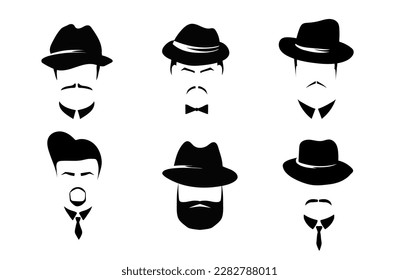 Male vintage profiles in style of 20s and 30s template. Mafia men character 20s with retro style for masquerade and designer vector avatar