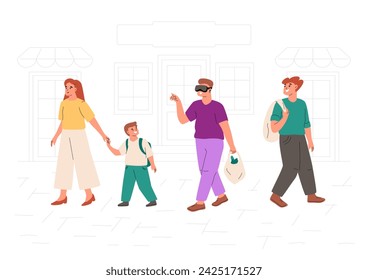 Male in virtual reality glasses walking with a package of products down the street. Man and a boy are watching with interest for new future technology. 3d experience device in everyday life. 