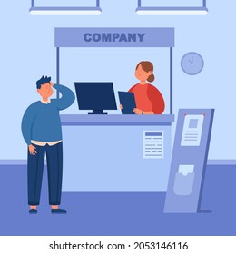 Male visitor at information booth of expo stand exhibition. Man standing at company counter, advertising product, communicating with clerk flat vector illustration. Tradeshow, marketing event concept