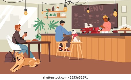 Male visitors with dogs friends resting in pet-friendly cafe with comfortable ecology space cartoon scene. Coffeehouse public place for people and animals with professional service vector illustration