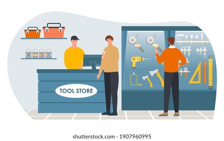 Male visitors standing in a tool store. Tool shop, construction hardware on shelf. Salesman at counter serves client and shows instruments for builders. Flat cartoon vector illustration
