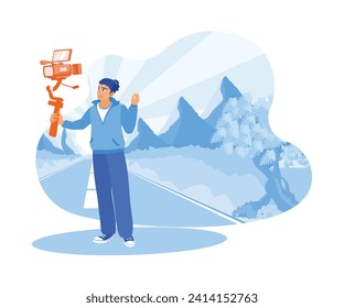 Male vlogger creates travel content in mountainous areas. The vlogger records using a professional camera during the trip. Content Creator concept. Flat vector illustration.