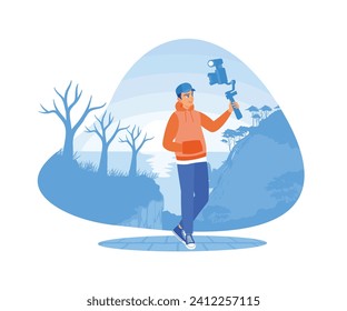 Male vlogger travels in the forest. Vlogger takes videos with the camera during travel. Content Creator concept. Flat vector illustration.