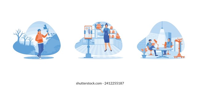 Male vlogger travels in the forest. A young woman making a birthday cake in the kitchen.  Content creators broadcast live on social media. set flat vector illustration.