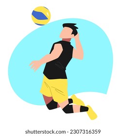 male volleyball athlete doing spike, jumping pose. blue background. vector flat illustration.