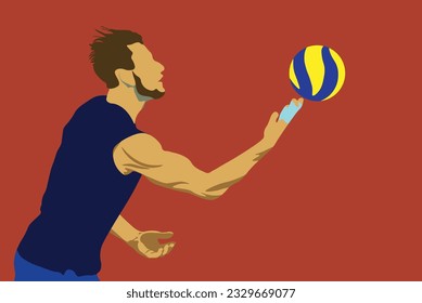 A male volleyball athlete is preparing to serve seen from the side