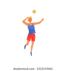 Male Volleyball Player, Professional Sportsman Character Wearing Sports Uniform Playing with Ball, Front View Vector Illustration