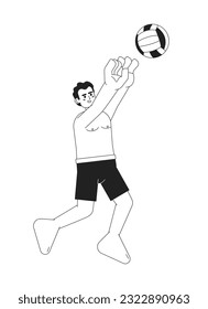 Male volleyball player spiking monochromatic flat vector character. Swimwear man jumping with ball. Editable thin line full body person on white. Simple bw cartoon spot image for web graphic design