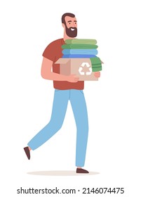 A male volunteer carries a box of old clothes to help the poor. Donations to the needy and homeless, social assistance concept and textile recycling. 
Man doing charity work. Flat vector illustration
