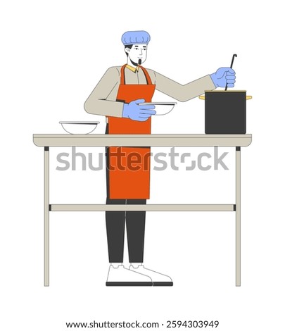 Male volunteer chef preparing and serving food 2D cartoon character. Caucasian man in apron and gloves, stirring pot, holding bowl flat vector person isolated on white. Spot illustration colorful