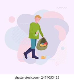 Male volunteer collecting garbage. Boy picking plastic bottle flat vector illustration. Waste sorting, rubbish, ecology concept for banner, website design or landing page