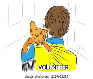 Male volunteer is cuddling rescued stray cat  Sick street cat sits shoulder volunteer  an animal shelter worker  Animal care   protection concept  Adoption pets  charity  Sketch drawing