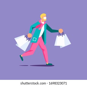 Male Volunteer in face mask Delivers fresh groceries and food to Elderly and Disabled People. Social Help and Support during prevention of coronavirus. Isolated on purple. Flat Art Vector Illustration