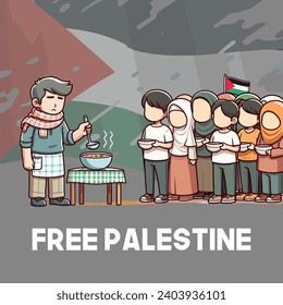 A male volunteer gives food to Palestinian refugee children who are starving and queuing at the refugee camp free Palestine flag Keffiyeh poster