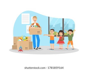 Male Volunteer Giving Box with Toys to Little Children, Volunteering, Charity, Supporting People Concept Vector Illustration