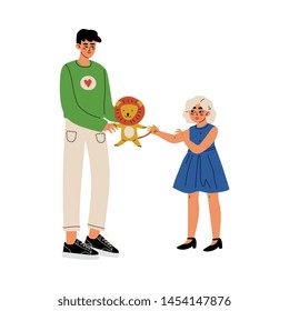 Male Volunteer Giving a Girl Lion Toy, Volunteering, Charity and Supporting People Vector Illustration
