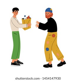 Male Volunteer Helping Homeless Man, Volunteering, Charity and Supporting People Vector Illustration
