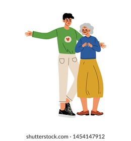 Male Volunteer Helping Old Lady, Social Worker, Volunteering, Charity and Supporting People Vector Illustration