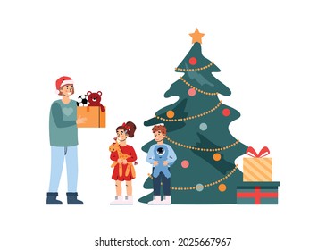 Male volunteer holding donation box with toys to holiday new year gifts to kids from poor family. Christmas charity and social support to needy people. Flat vector illustration.