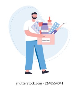 Male volunteer. Man carries medicines in cardboard box. Character with medicines for donations. Сoncept charitable help and support. Social support for poor. Flat vector isolated illustration. 