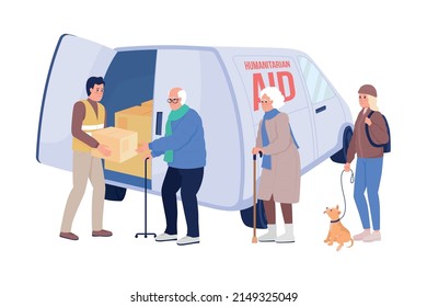 Male volunteer providing humanitarian aid to vulnerable people semi flat color vector characters. Simple cartoon style illustration for web graphic design and animation. Bebas Neue font used