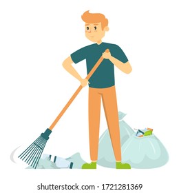 Male volunteer sweeping vector isolated. Cleaner working. Collecting garbage from the streets in bags. Ecology friendly lifestyle.