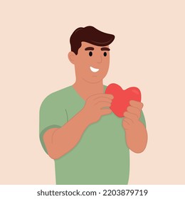 Male volunteer.A person with a sense of affection, gratitude, offers his support and love.Vector flat illustration isolated on white background.