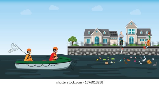 Male volunteers scavenge from river on boat while people dumping garbage into the river, water pollution environment conceptual vector illustration.