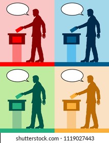 male voter silhouettes with different colored speech bubble by voting for election. All the silhouette objects and backgrounds are in different layers. 