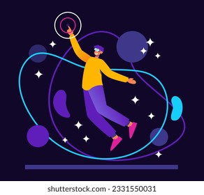 Male in VR glasses flying in space, discovering world and traveling. Virtual reality, modern technologies. Remote control, programs that modulate another world. Flat vector illustration