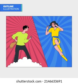 Male VS female fighting in illustration