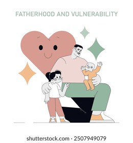 Male vulnerability concept. Illustration captures tender moments between a father and his children, embracing emotional openness. Family connection value. Vector illustration.