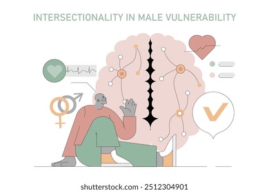 Male Vulnerability concept. An illustration exploring the mental and emotional aspects of men's health. Connection, mental state, emotions, and gender symbols in balance. Vector illustration.