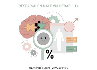 Male Vulnerability concept. Illustration representing psychological research on men's emotional health and challenges. Brain with puzzle pieces, smiling magnifier, and stats. Vector illustration.