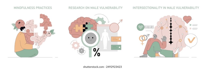 Male Vulnerability set. Explorative illustrations on mindfulness, research, and intersectionality related to male emotional openness. Vector illustration.