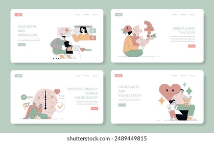 Conjunto de vulnerabilidad masculina. Explorar el bienestar emocional, la atención plena, la interseccionalidad y la paternidad. Conciencia de la salud mental de los hombres. Ilustración vectorial.