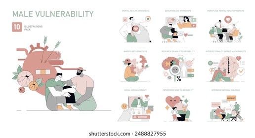 Male Vulnerability set. Vector Illustrations showcasing emotional openness, mental health, and supportive environments for men. Overcoming stigma through education, mindfulness, and dialogue.