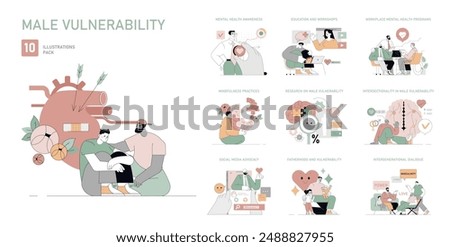 Male Vulnerability set. Vector Illustrations showcasing emotional openness, mental health, and supportive environments for men. Overcoming stigma through education, mindfulness, and dialogue.