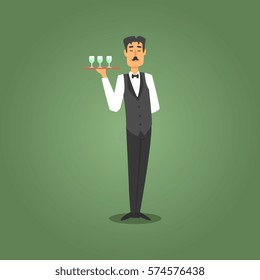 Male Waiter In Bow Tie Serving Champagne To Gamblers, Gambling And Casino Night Club Related Cartoon Illustration