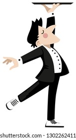 Male waiter character, carrying a tray, vector illustration