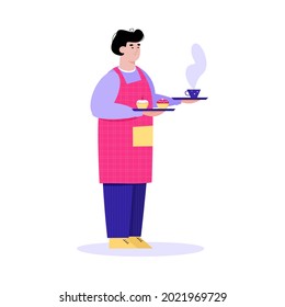 Male waiter holding cup of coffee and dessert cupcakes on trays - cafe service worker man in pink apron standing with food and drink. Flat vector illustration.