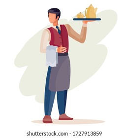 male waiter holds in his hand a towel and a tray with tea or coffee, isolated object on a white background, vector illustration,