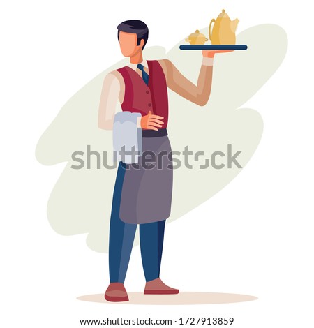 male waiter holds in his hand a towel and a tray with tea or coffee, isolated object on a white background, vector illustration,