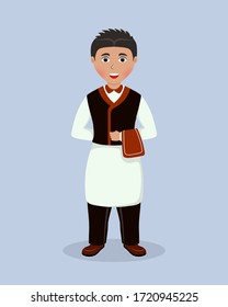 A male waiter in a red, black, and white uniform with a towel on his arm. Character of an employee of a restaurant, cafe, bar and other places of General catering. Flat design. Vector illustration.