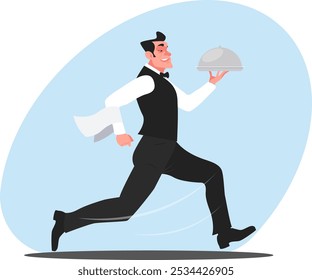 male waiter runs with a food tray, a fast food delivery concept