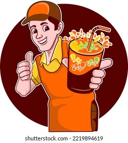 A male waiter serves fresh drinks