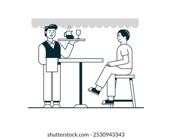 A male waiter serving drinks to a customer, working in a restaurant. Character design. Vector flat illustration