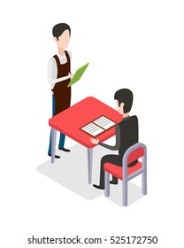 Male waiter in special clothes with green notebook standing near table and taking customer order at restaurant. Man with black hair sitting at red table and looking through menu. Flat design. Vector