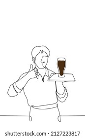 male waiter stands with a tray on which there is a pint of сraft dark beer with his free hand he points a finger up - one line drawing vector. the concept of oktoberfest, a beer bar